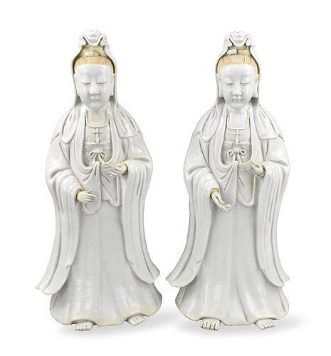 Pair Chinese White Glazed Guanyin Figures,18th C.