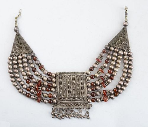NORTH AFRICAN SILVERED METAL AND AMBER-GLASS NECKLACE
