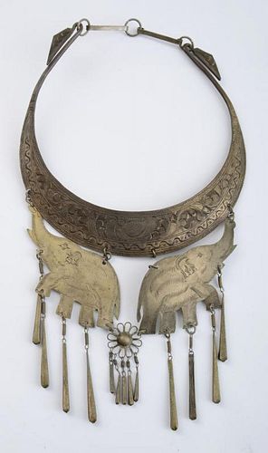 ASIAN ENGRAVED BRASS CRESCENT NECKLACE WITH ELEPHANT PENDANTS AND AN ASIAN BRASS CHARM" NECKLACE"