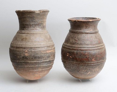 TWO SIMILAR ANCIENT MESOPOTAMIAN INCISED POTTERY LARGE VESSELS