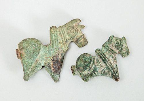 TWO LURISTAN BRONZE HORSE-FORM PINHEADS