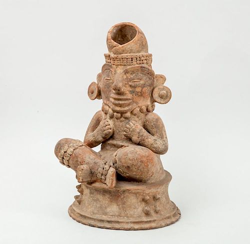 MAYAN STYLE POTTERY FIGURAL COVER TO AN INCENSE BURNER
