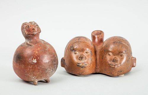PRE-COLUMBIAN STYLE POTTERY TWO-HEADED VESSEL AND ANOTHER POTTERY VESSEL