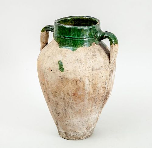 PART GREEN-GLAZED POTTERY TWO-HANDLED OVOID JAR