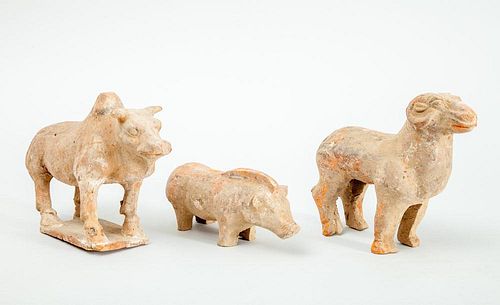 GROUP OF THREE TANG STYLE UNGLAZED POTTERY ANIMAL FIGURES