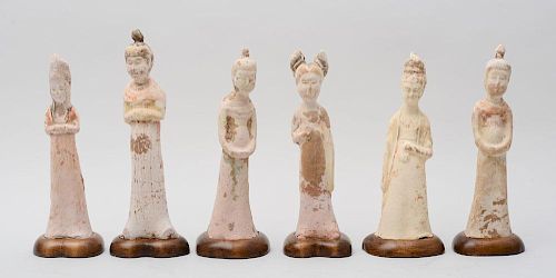 GROUP OF SIX CHINESE TANG-TYPE POTTERY FEMALE TOMB ATTENDANTS
