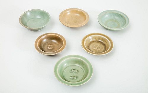 FOUR LONGQUAN TYPE CELADON-GLAZED TWIN FISH" DISHES AND TWO OTHERS"