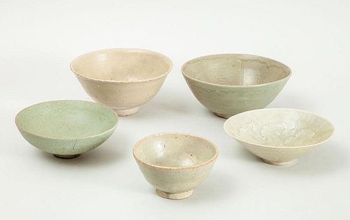 TWO MING STYLE GLAZED AND INCISED BOWLS AND THREE OTHER GLAZED BOWLS