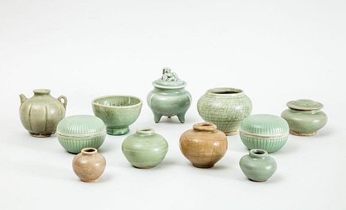 GROUP OF ELEVEN CELADON GLAZED SMALL ARTICLES