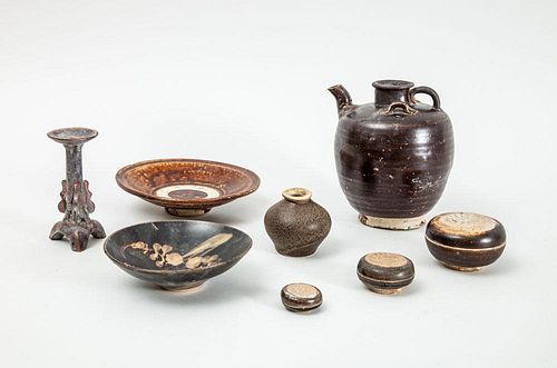 CHINESE BROWN GLAZED POT, SIX OTHER BROWN GLAZED ARTICLES AND A CANDLE HOLDER