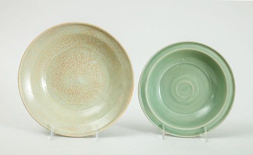 TWO CHINESE CELADON-GLAZED DEEP DISHES