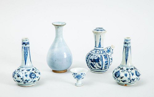 PALE BLUE-GLAZED PEAR-FORM VASE AND FOUR BLUE AND WHITE SMALL ARTICLES