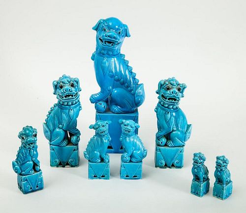 THREE PAIRS OF CHINESE TURQUOISE-GLAZED FU DOGS AND TWO SINGLE DOGS