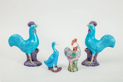 PAIR OF CHINESE TURQUOISE-GLAZED PORCELAIN FIGURES OF ROOSTERS, A TURQUOISE DUCK AND A FAMILLE ROSE ROOSTER