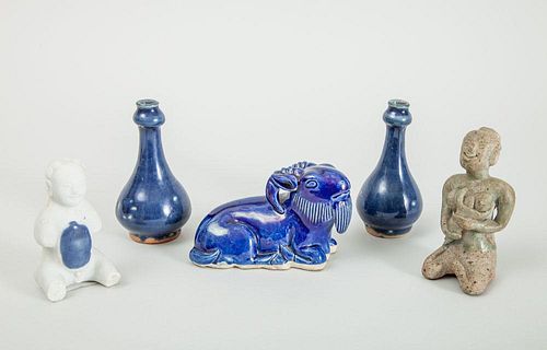 GROUP OF THREE CHINESE BLUE-GLAZED PORCELAIN ARTICLES AND TWO SEATED FIGURES