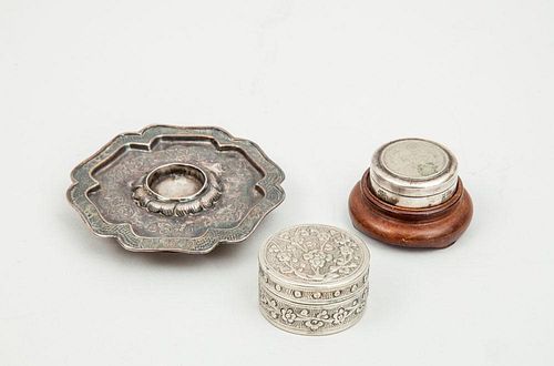 CHINESE SILVER CANDLE HOLDER, A PILL BOX AND A COIN-MOUNTED PILL BOX