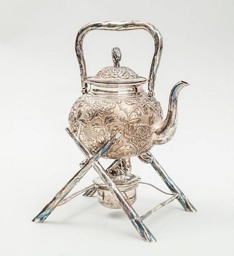CHINESE EXPORT REPOUSSÉ SILVER KETTLE ON WARMING STAND