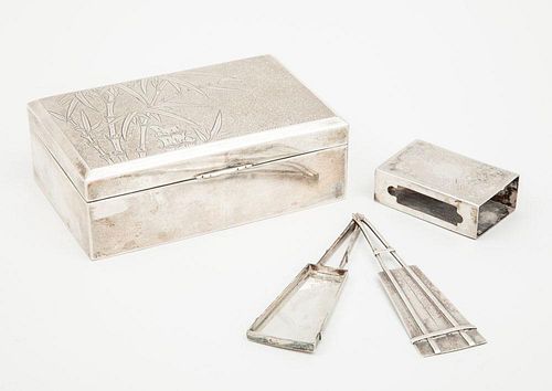 TWO CHINESE EXPORT SILVER ARTICLES AND A JAPANESE FAN-SHAPE BOX