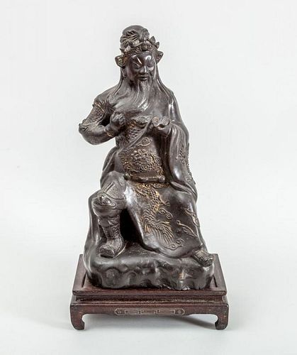 CHINESE BRONZE PATINATED METAL FIGURE ON STAND