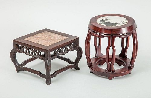 TWO CHINESE MARBLE-TOP HARDWOOD MINIATURE PEDESTALS