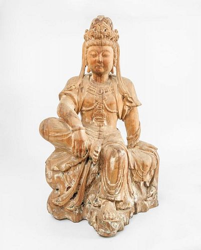MING STYLE CARVED WOOD FIGURE OF A BODHISATTVA