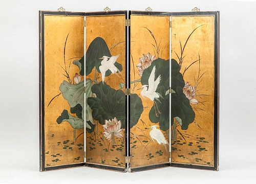 CHINESE PAINTED WOOD FOUR-FOLD SCREEN