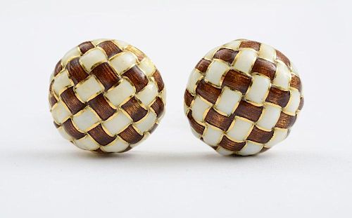 PAIR OF 18K GOLD AND ENAMEL BASKETWEAVE EARCLIPS, TIFFANY & CO.
