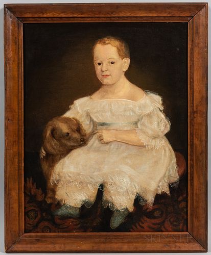 American School, 19th Century.

Portrait of a Child with a Dog, unsigned, oil on board, sight size 27 1/2 x 21 1/2 in., framed.