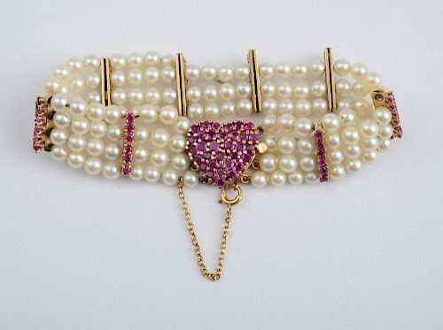RETRO 14K GOLD, CULTURED PEARL AND RUBY BRACELET, TIFFANY & CO.