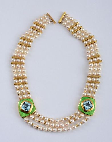 18K GOLD, CULTURED PEARL, GREEN ENAMEL AND BLUE TOPAZ NECKLACE, BY LEO DE VROOMEN, ENGLISH