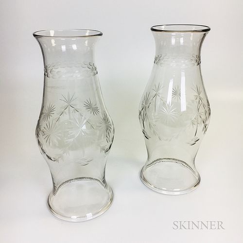 Pair of Etched Colorless Glass Hurricane Shades