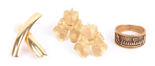 An "X" Design Brooch, 14K Earrings, and a Ring