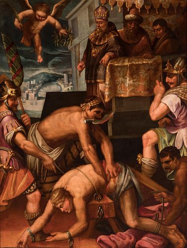 Spanish mannerist school; early 17th century. 
"Martyrdom of St. Zoilo of Cordoba". 
Oil on canvas. Relined.