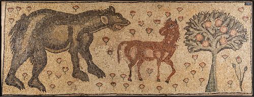 Roman mosaic of the IV-V centuries AD. 
Colored marble tesserae. 
Provenance: Phoenix Ancient Art. 
In perfect state of preservation. 
Measures: 110 x