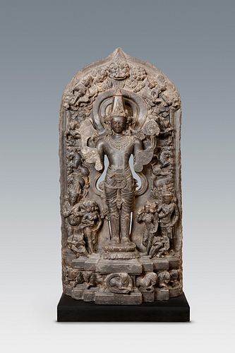 Stele with the representation of Vishnu, Northeast India, Pala period, 12th century. 
Black stone. 
Measures: 104 x 51,5 x 22 cm.