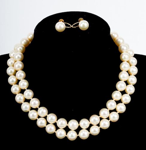 A Double Strand of Majorica Pearls with Ear Studs