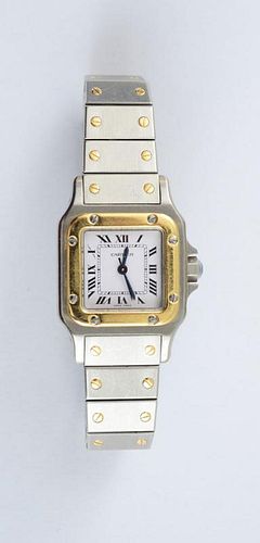 LADY'S STAINLESS STEEL AND 18K GOLD WRISTWATCH, SANTOS, CARTIER