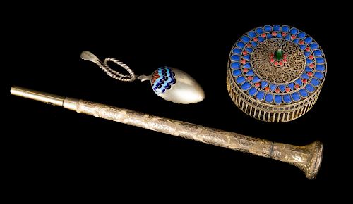 Cloisonne box and spoon and an umbrella handle