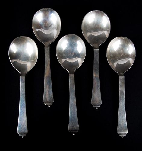 Five Georg Jensen "Pyramid" soup spoons