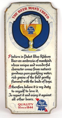 1980 Pabst Beer Wooden Plaque "Beer Man's Creed", Milwaukee, Wisconsin