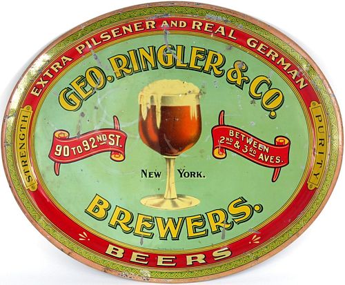 Rare 1910 Geo. Ringler's Extra Pilsener & Real German Beers 16½ x 13½ inch oval tray, New York, New York