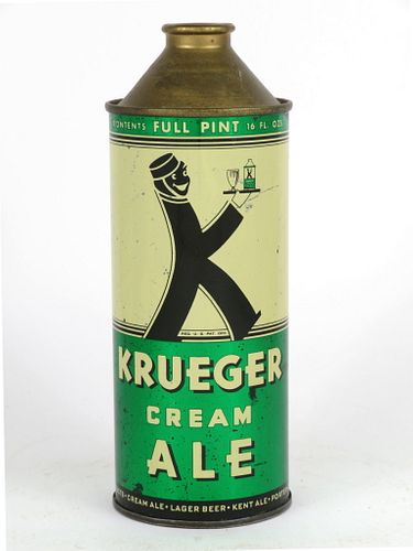 1938 Krueger Cream Ale 16oz One Pint 231-19, High Profile Cone Top, Newark, New Jersey