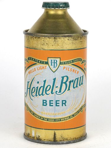 1950 Heidel Brau Beer 12oz 168-25, High Profile Cone Top, Sioux City, Iowa