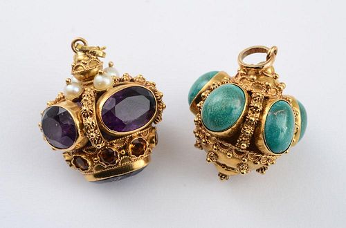 TWO ITALIAN 18K GOLD AND COLORED STONE CHARMS