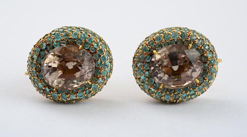 PAIR OF 18K GOLD, SMOKY TOPAZ AND PARAIBA TOURMALINE SATURN" EARCLIPS, BY MISH, NEW YORK"