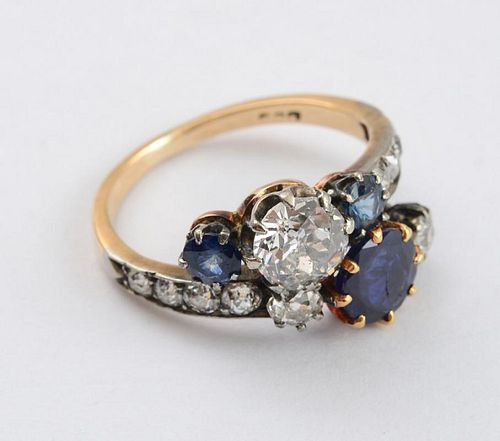 15K GOLD, DIAMOND AND SAPPHIRE CROSSOVER RING