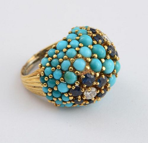 RETRO GOLD, TURQUOISE, DIAMOND AND SAPPHIRE DOME RING