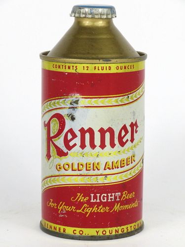 1955 Renner Golden Amber Beer 12oz 181-28, High Profile Cone Top, Youngstown, Ohio