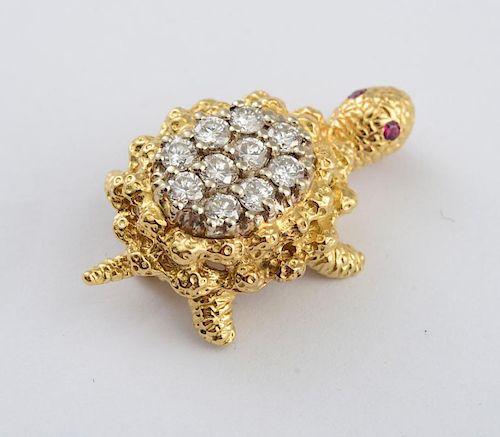 18K YELLOW AND WHITE GOLD AND DIAMOND TURTLE PIN