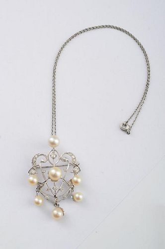 CULTURED PEARL AND DIAMOND PENDANT-BROOCH